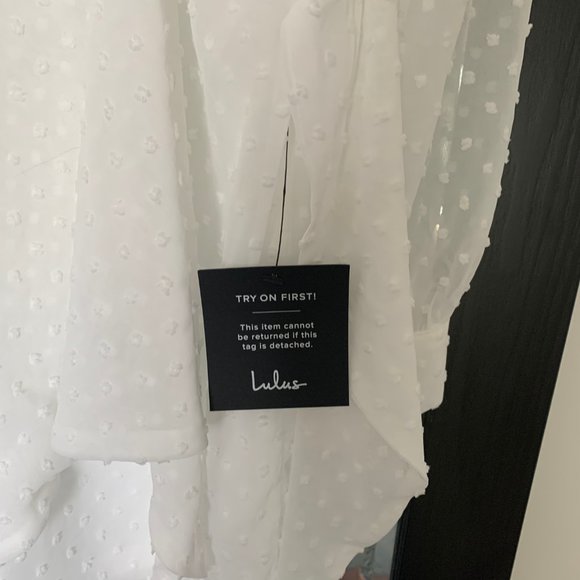 Lulu Dress - White Swiss Dot Long Sleeve Tie-Front Mini Dress - Picture 3 of 5